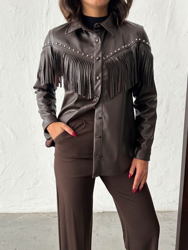 F 2043 DROPLU PÜSKÜLLÜ SUNİ DERİ GÖMLEK - KAHVE